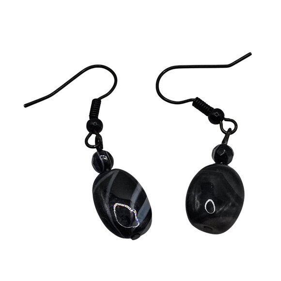 Women's Beaded Marbled Black/Gray Agate Stone Dangle Drop Hook Back Earrings - Picture 1 of 9